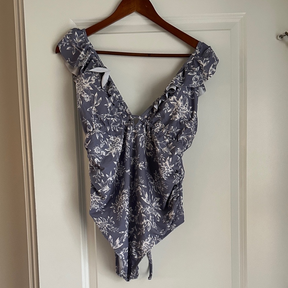 Pink Blush Floral Ruffle V-Neck One-Piece Swimsuit in Slate Gray